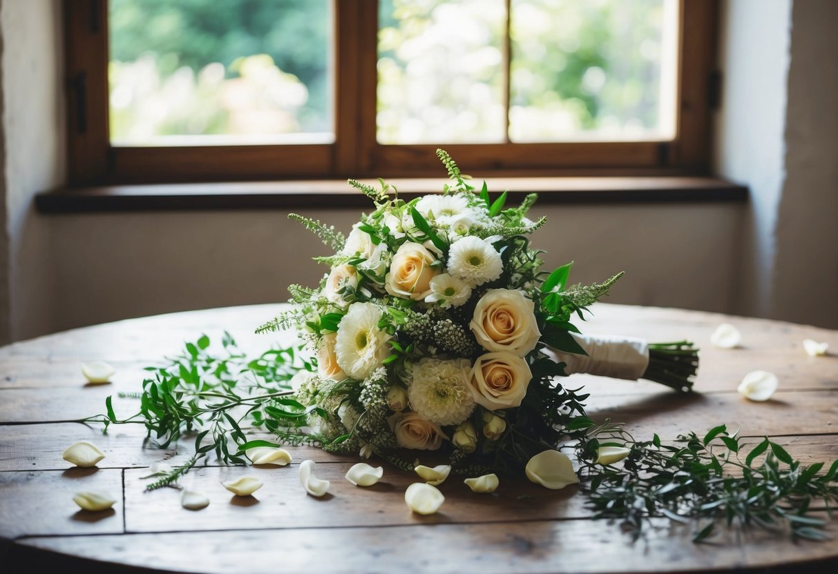 A bride's bouquet lies on a rustic wooden table, surrounded by scattered petals and greenery. Sunlight filters through a nearby window, casting a soft glow on the delicate flowers