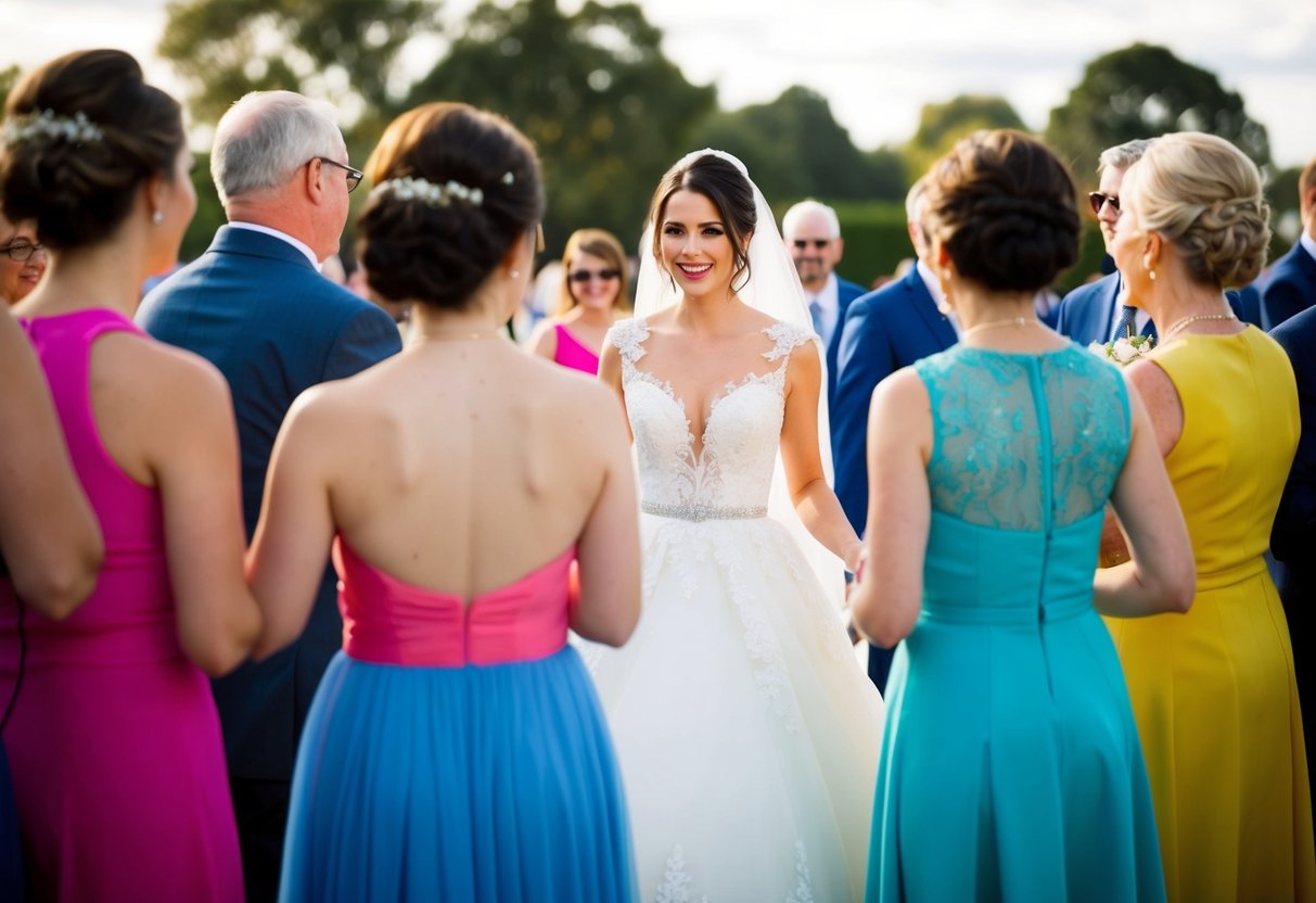 A woman in a white wedding gown surrounded by guests in various colored outfits, one wearing a similar color to the bride