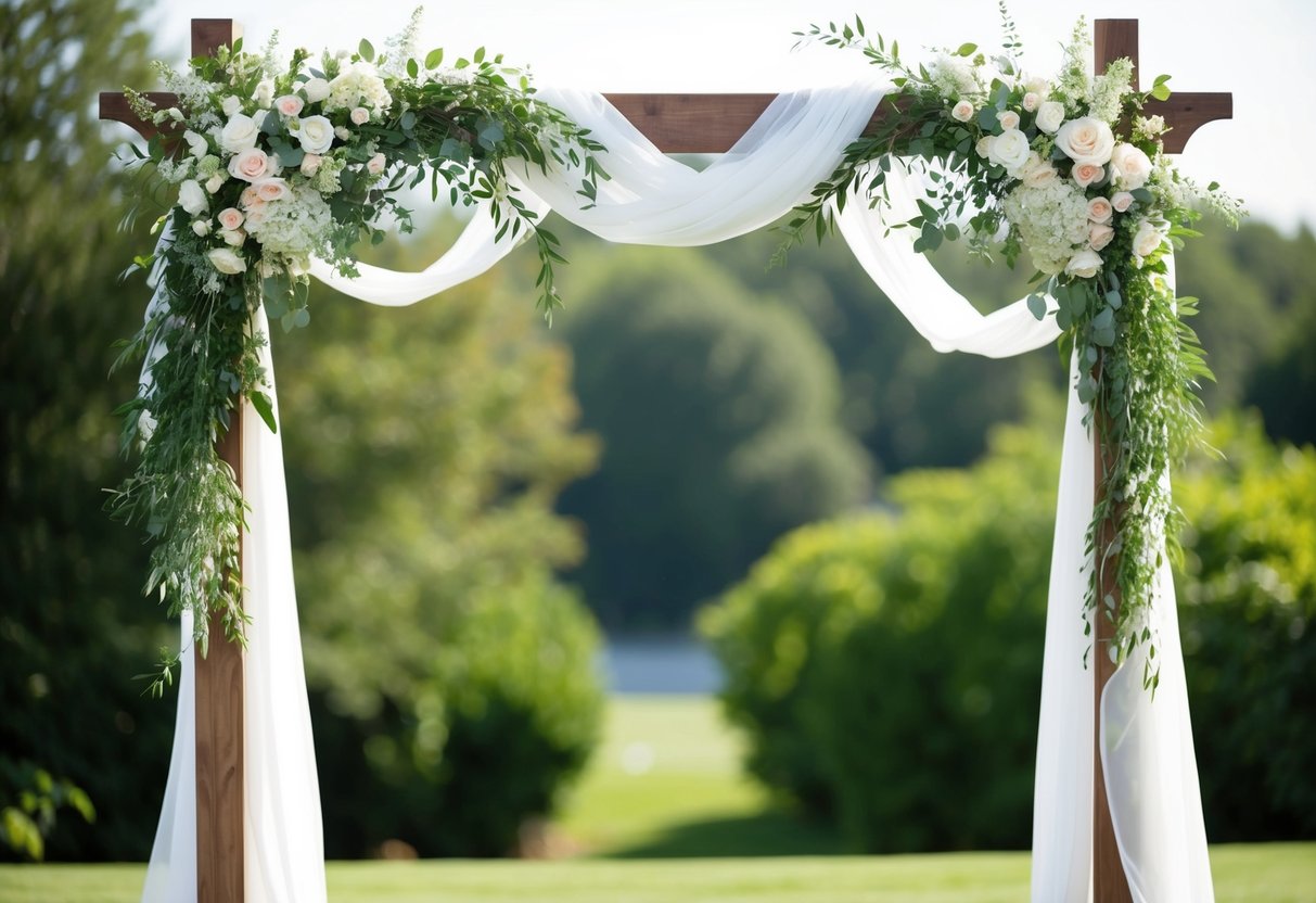 A wedding arch adorned with fresh flowers and greenery, with a white fabric draped over the top and cascading down the sides
