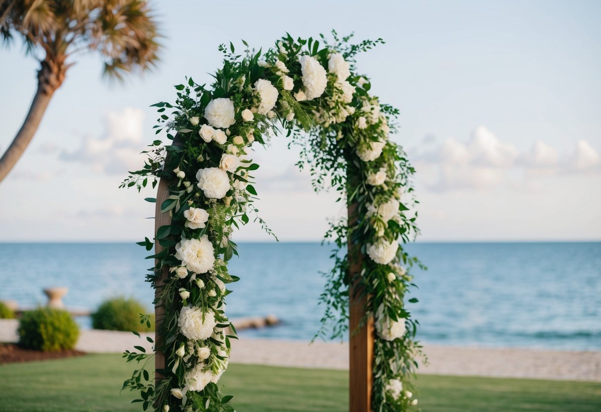 A wedding arch stands adorned with a lush garland of fresh flowers and greenery, set against a backdrop of a serene garden or beach setting