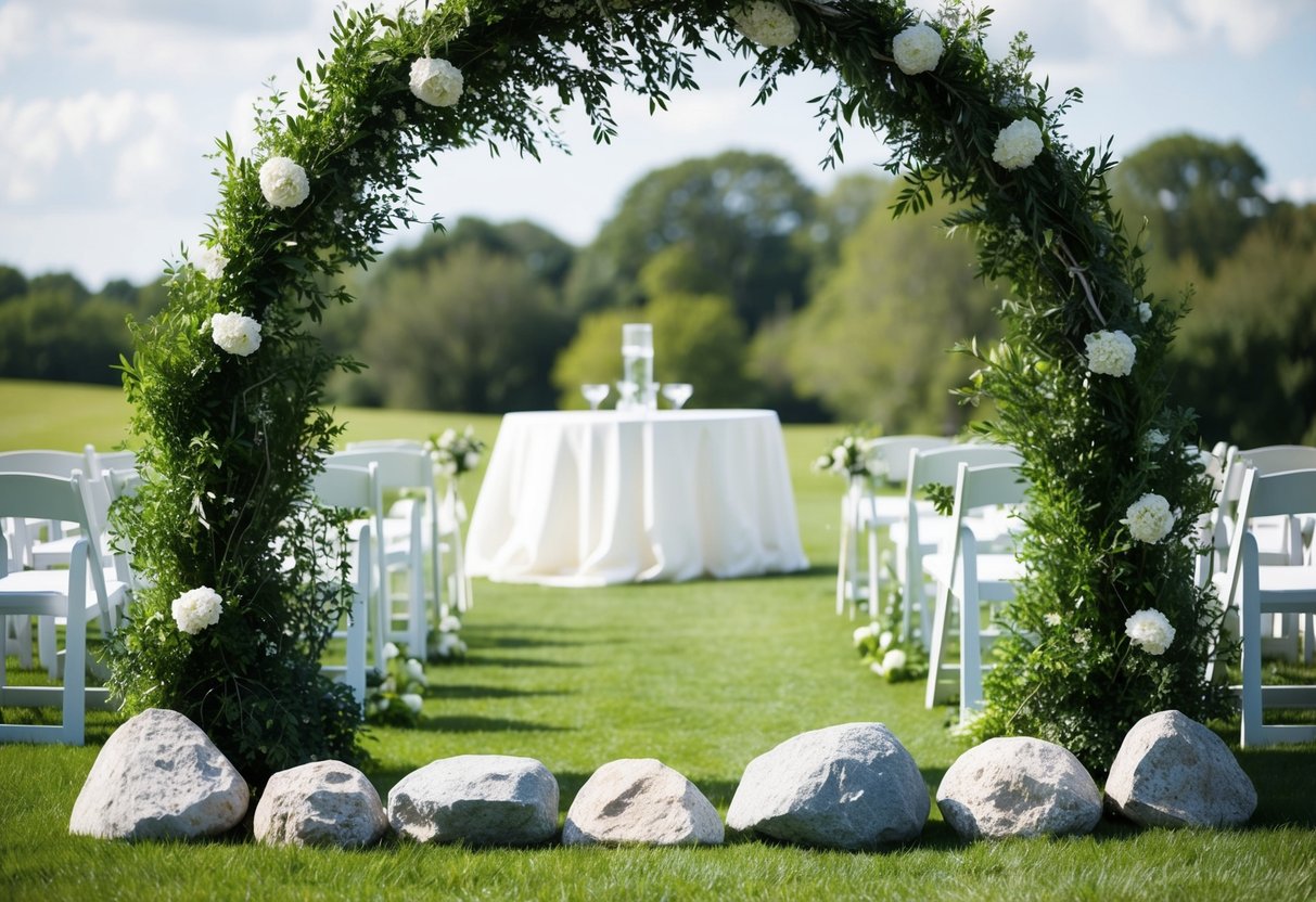 Decorative stones and greenery cover the base of the wedding arch, securing and stabilizing it for the ceremony
