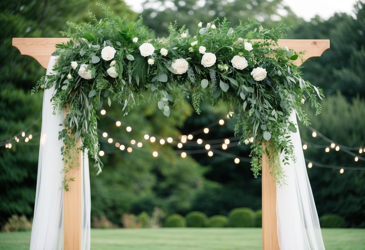 A lush greenery garland drapes across the base of a wooden wedding arch, accented with delicate white flowers and twinkling fairy lights