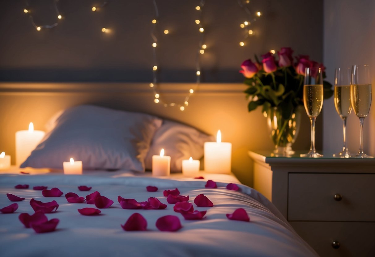 A dimly lit bedroom with rose petals scattered on a bed, candles flickering, and champagne glasses waiting on a nightstand