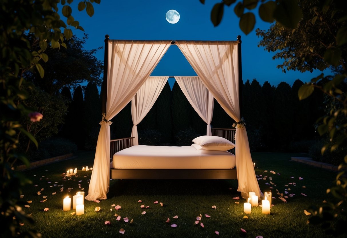 A moonlit garden with a canopy bed, scattered rose petals, and flickering candles