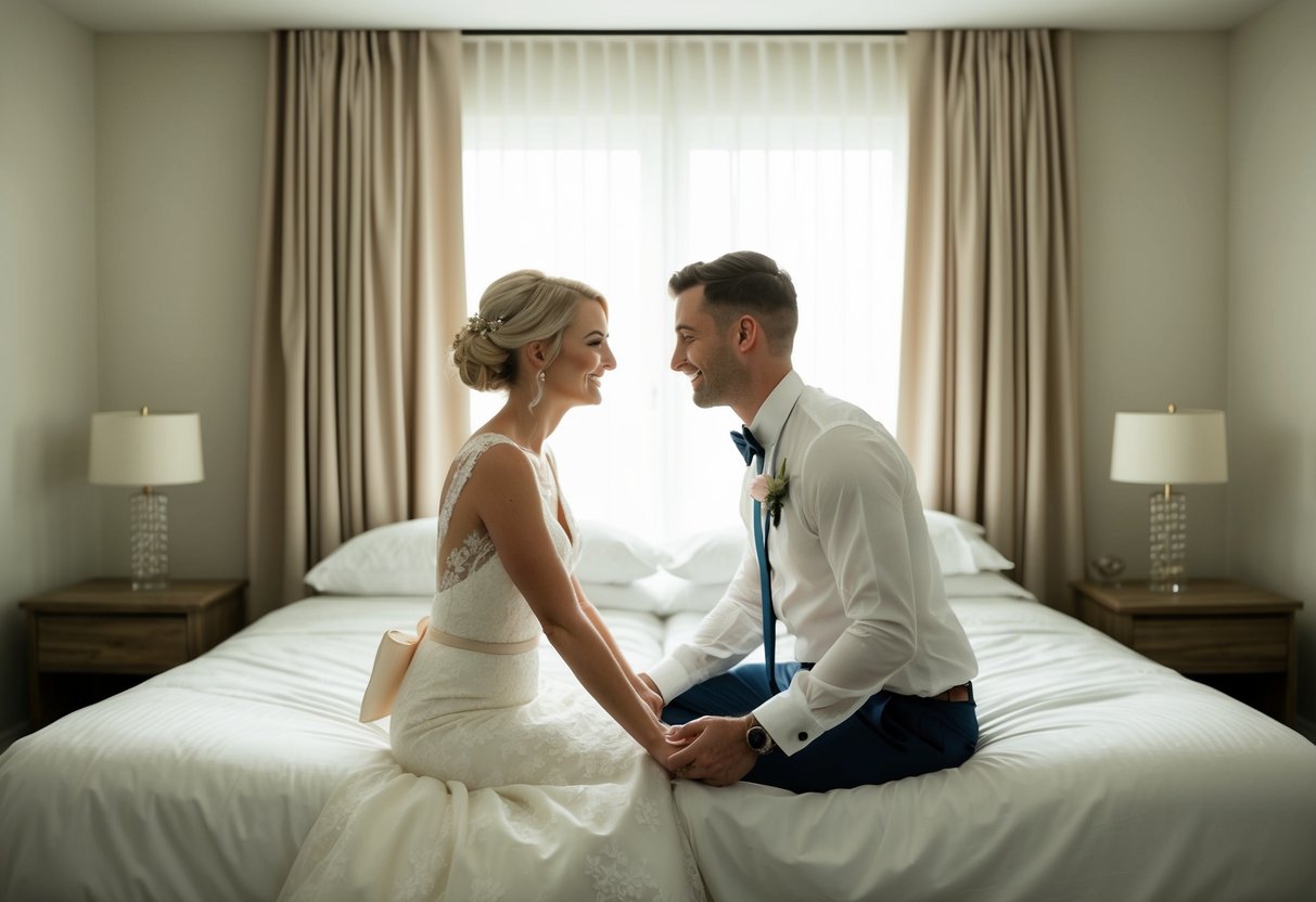 A newlywed couple sits facing each other, holding hands, and exchanging loving glances in a softly lit bedroom