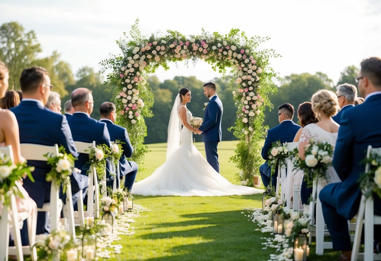 A beautiful outdoor wedding ceremony with a floral arch as the centerpiece