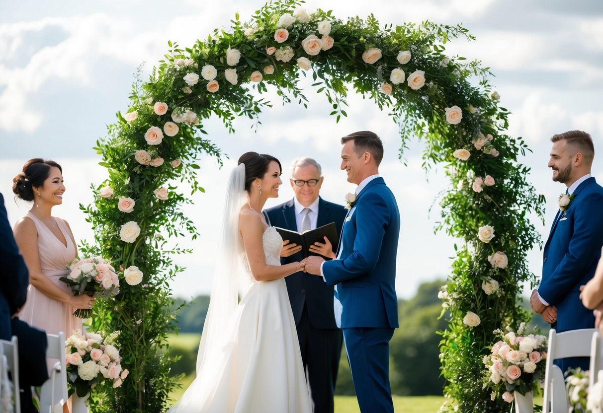 A wedding arch stands adorned with flowers, framing the couple as they exchange vows