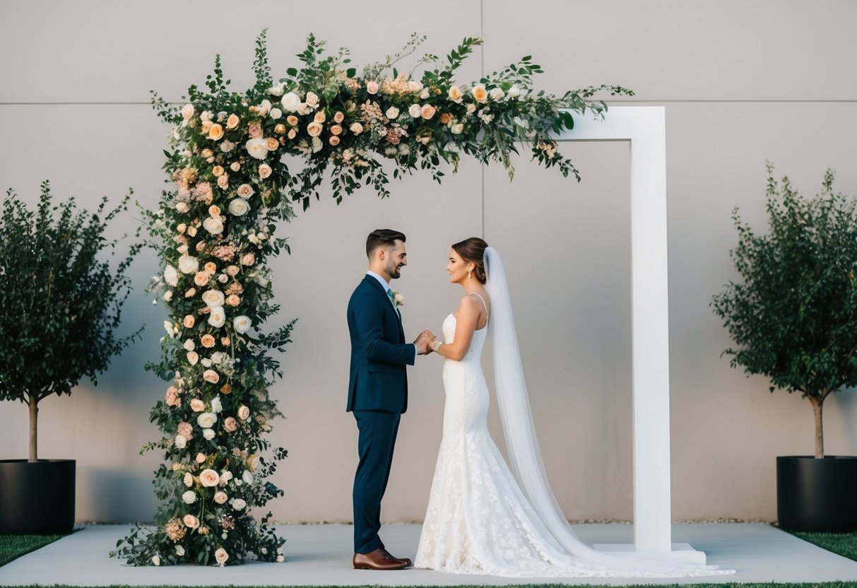 A couple stands beneath a floral canopy, exchanging vows. A modern, minimalist arch stands nearby, offering an alternative to the traditional wedding arch