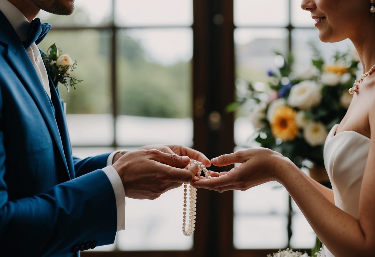 A groom presents a delicate pearl necklace to his bride