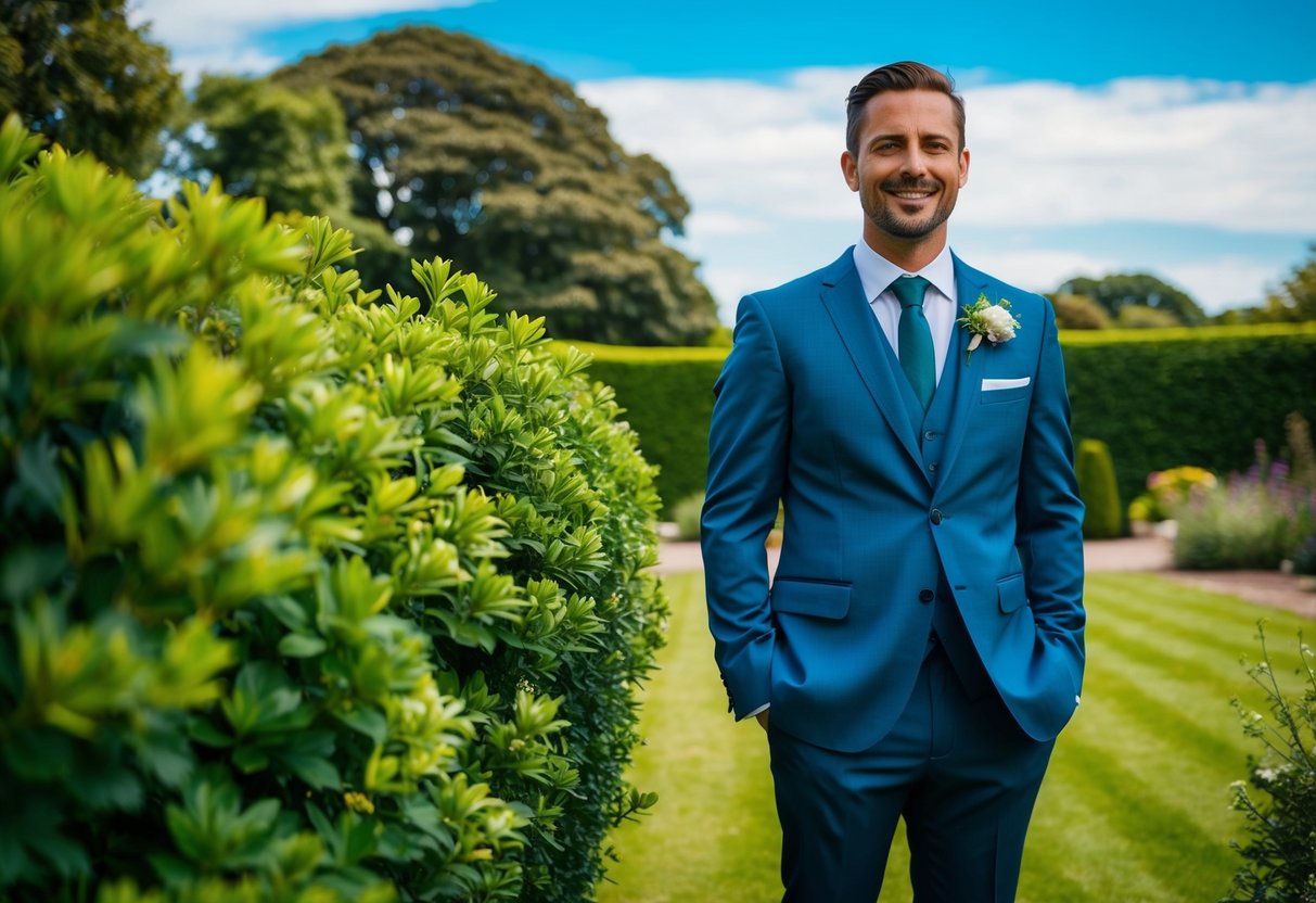 A groom standing in a lush green garden with a deep blue sky above