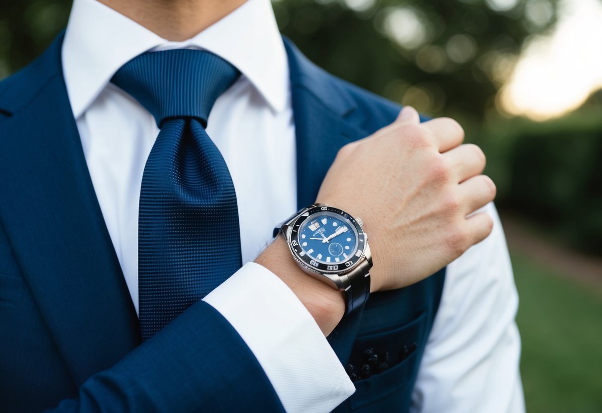 A navy blue tie and pocket square paired with a crisp white shirt and a sleek black watch on the groom's wrist