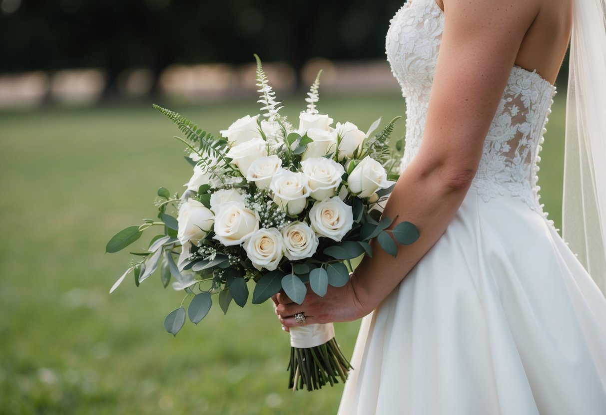 A bride holds a delicate bouquet of white roses and greenery