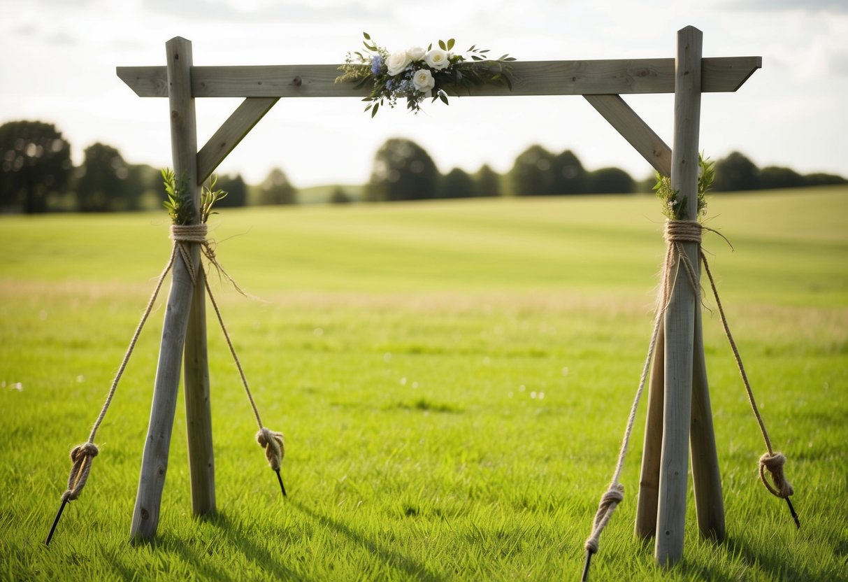 A sturdy wooden wedding arch anchored with ropes and stakes in a grassy field