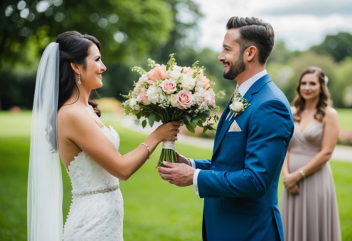 The groom presents a bouquet of flowers to the bride on their wedding day