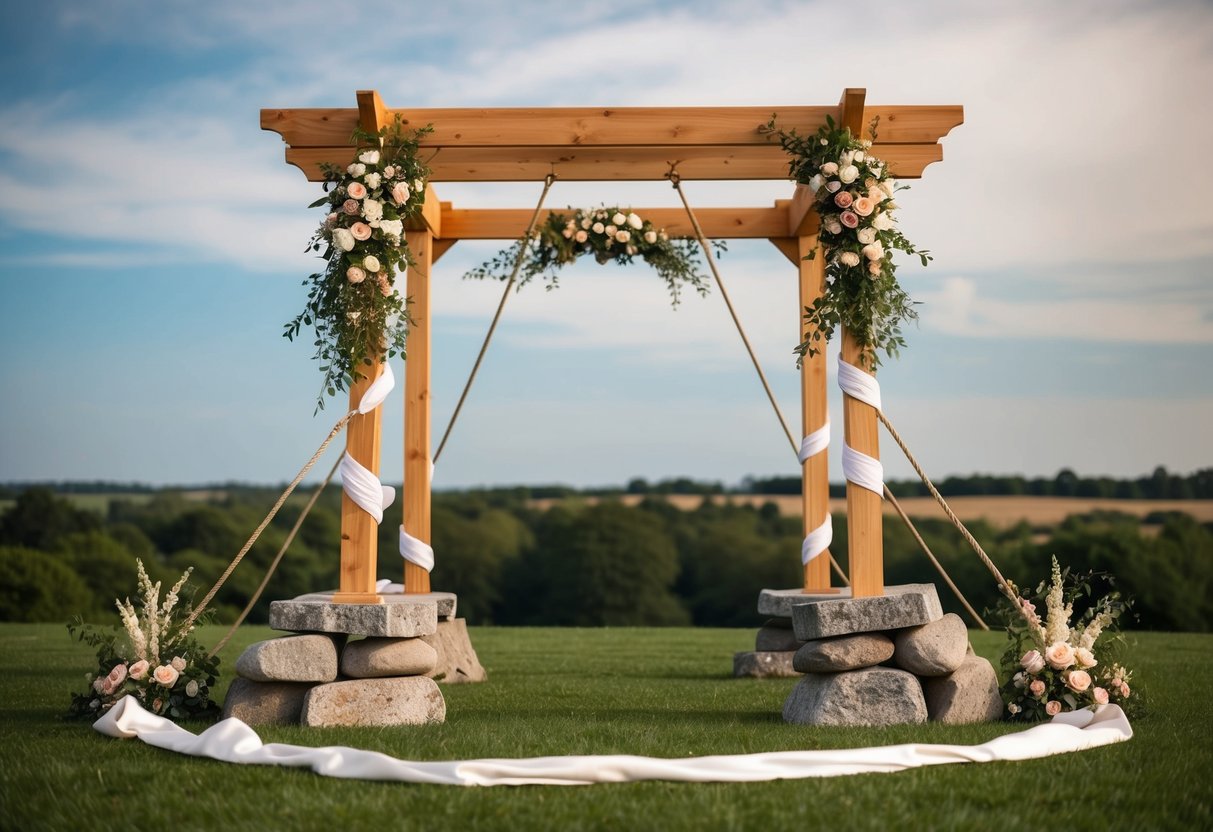 A wooden wedding arch is anchored with heavy stones and secured with rope, while decorative flowers and ribbons are carefully arranged around the structure