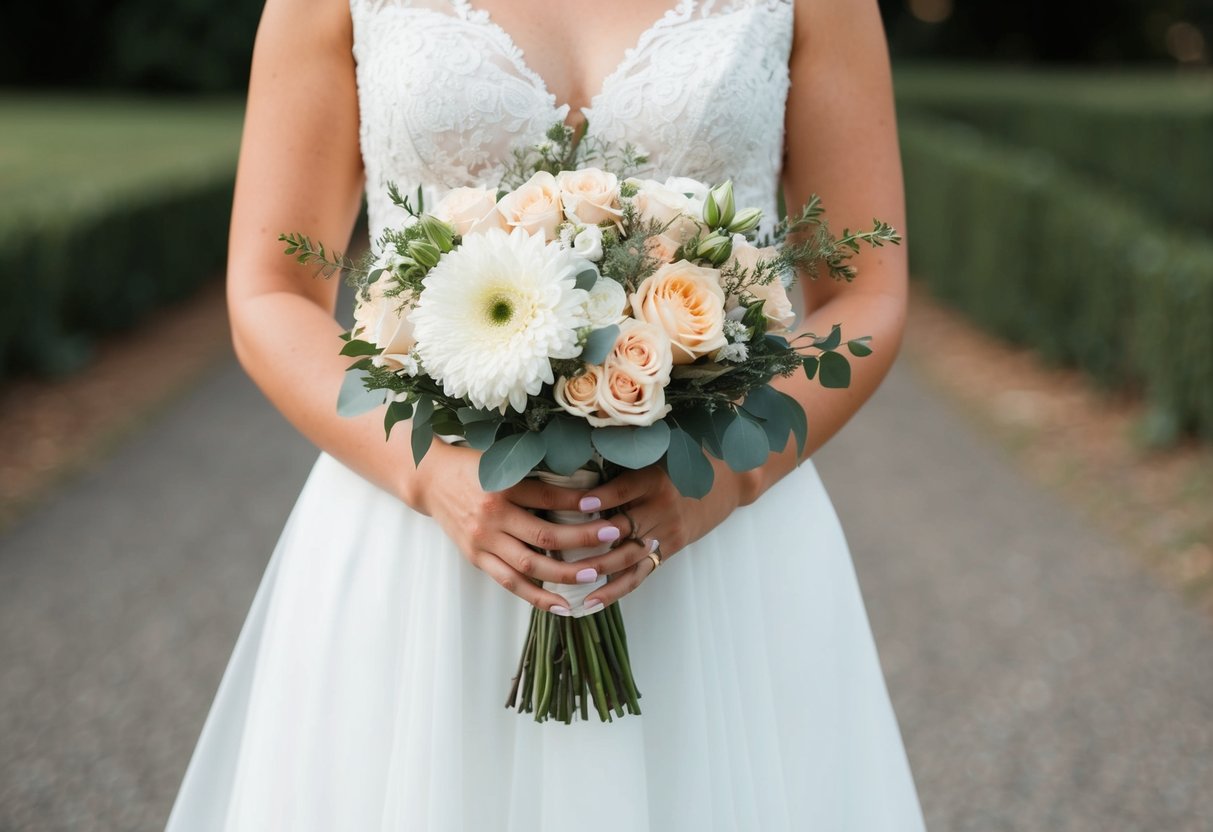 The bride holds a bouquet of flowers in her hand