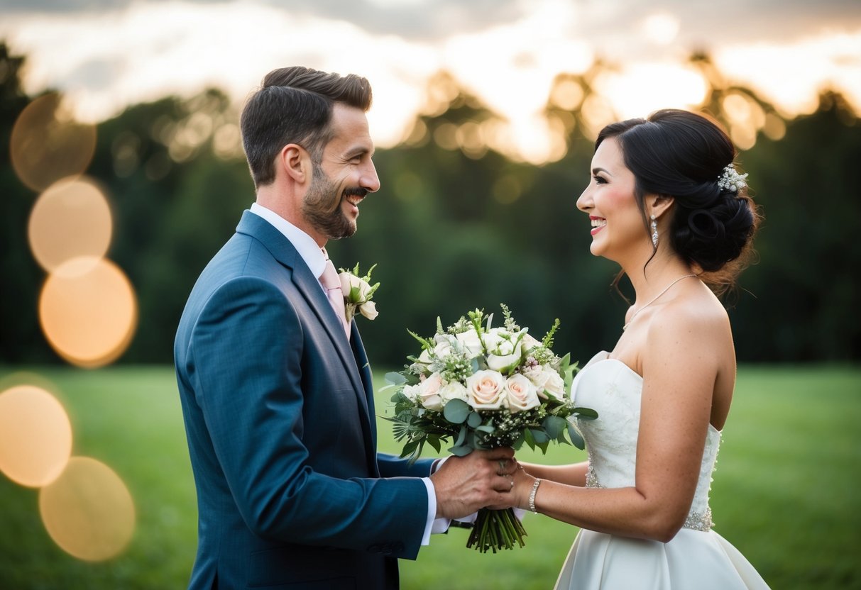 The groom presents the bride with a bouquet of flowers on their wedding day