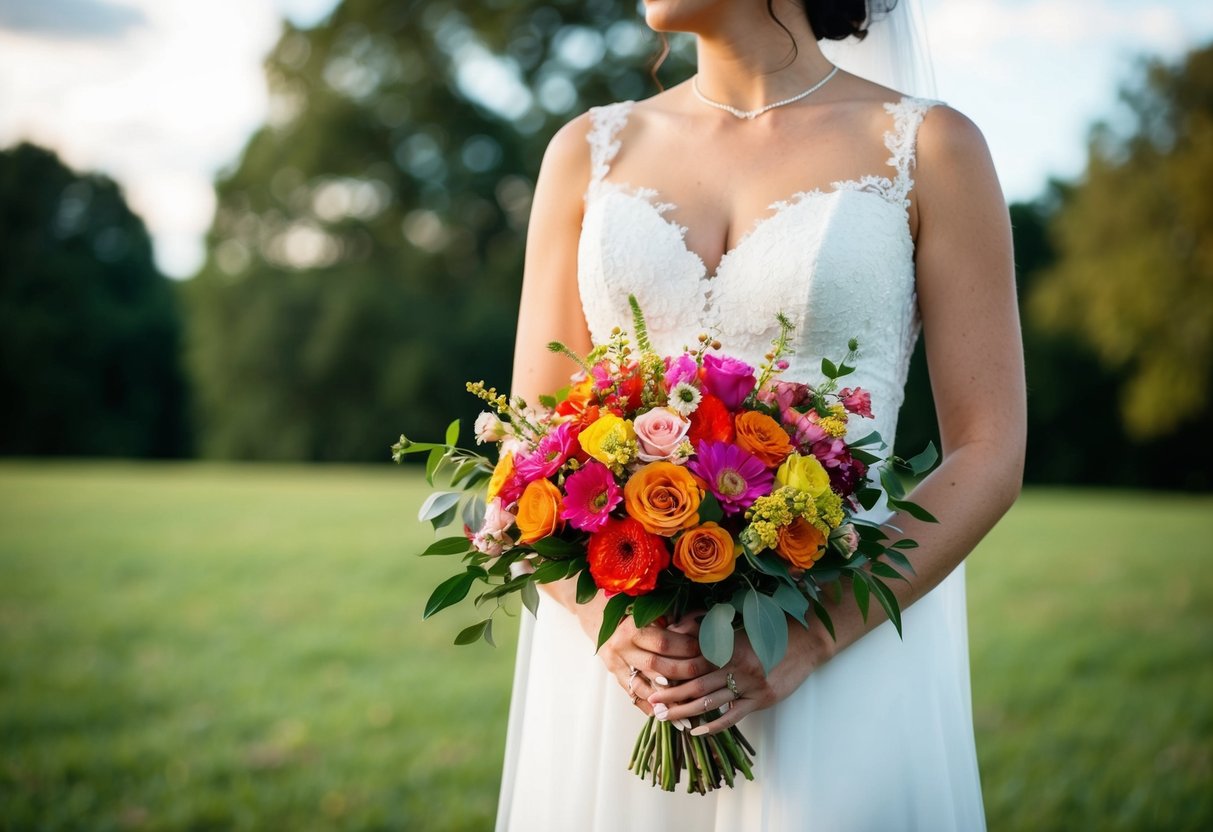 The bride holds a bouquet of colorful flowers