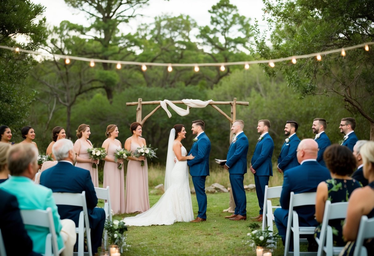 A cozy outdoor setting with a simple, intimate ceremony. A small group of guests surrounded by nature, with a rustic arch and string lights