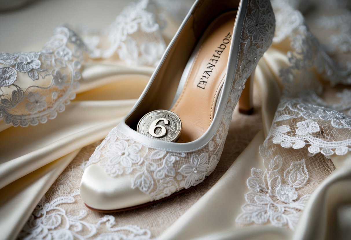 A bride's shoe with a sixpence tucked inside, surrounded by delicate lace and satin fabric