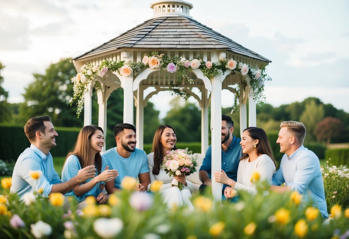 A serene outdoor setting with a charming gazebo adorned with flowers, surrounded by a small group of loved ones sharing laughter and joy