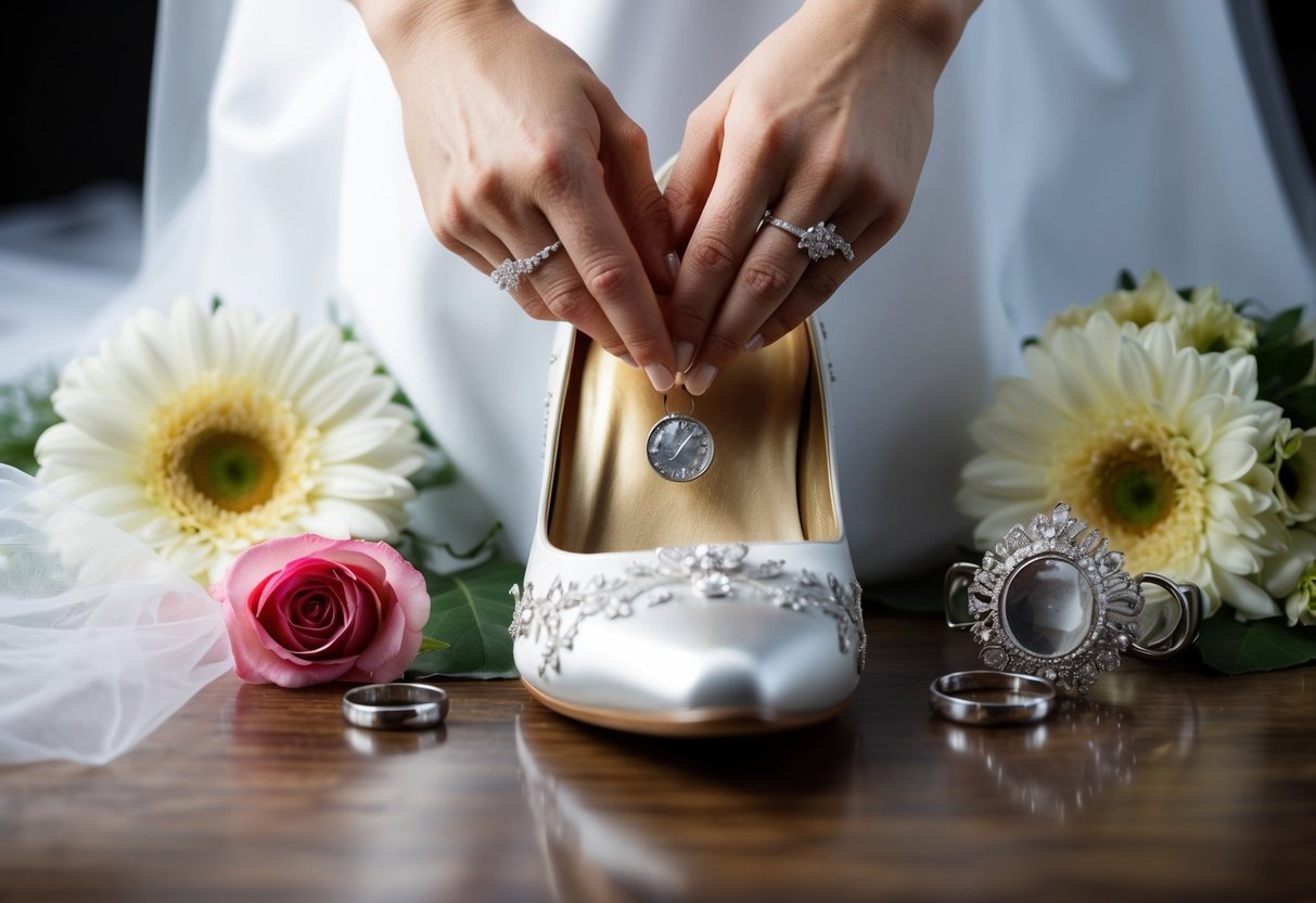 A bride placing a sixpence in her shoe, surrounded by wedding accessories like flowers, rings, and a veil, symbolizing good luck and prosperity