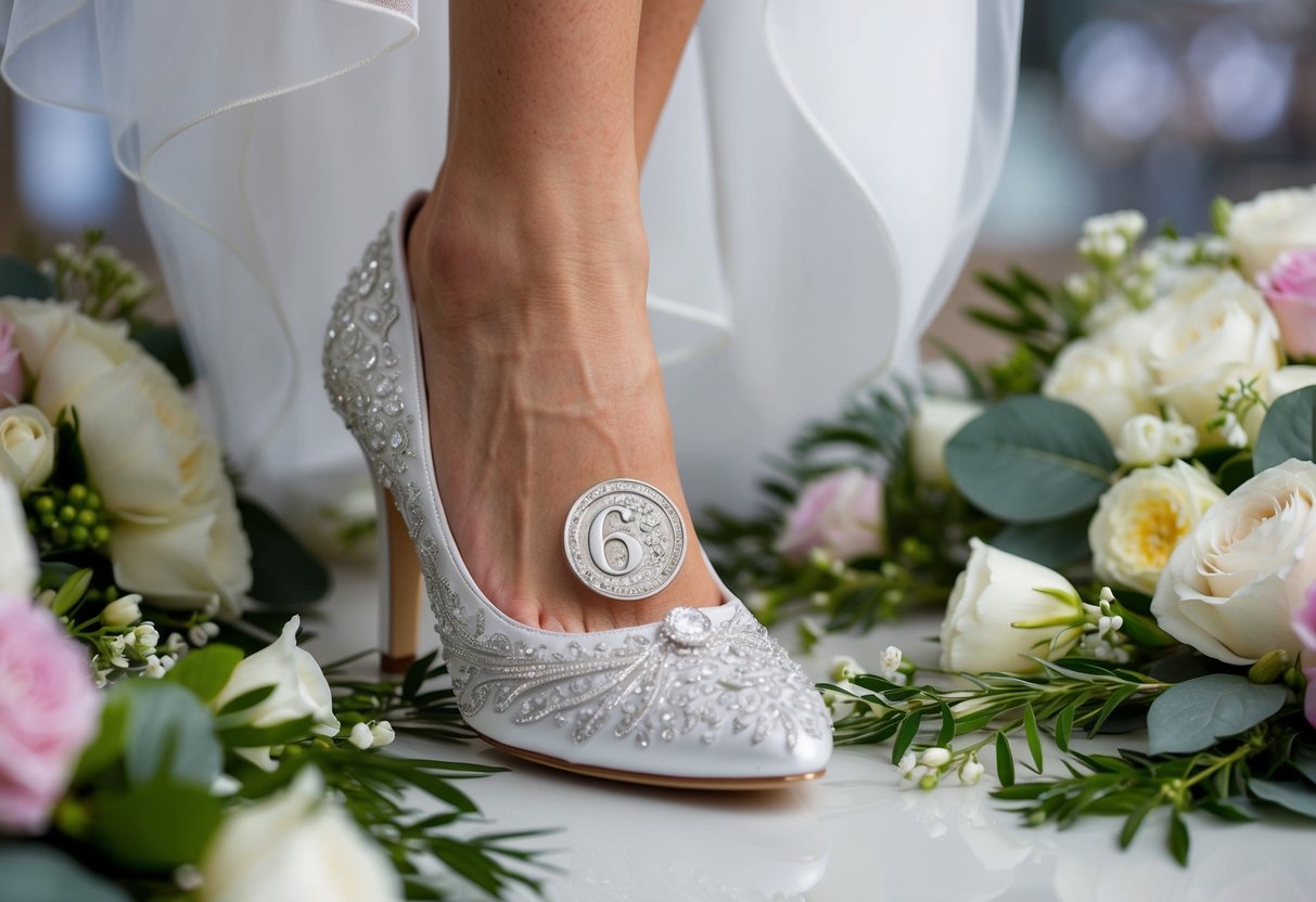 A bride's shoe with a sixpence tucked inside, surrounded by modern wedding decor and flowers