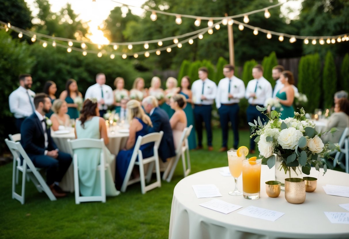 A cozy backyard wedding with a small guest list, personalized decor, and unique details like handwritten vows and custom cocktails