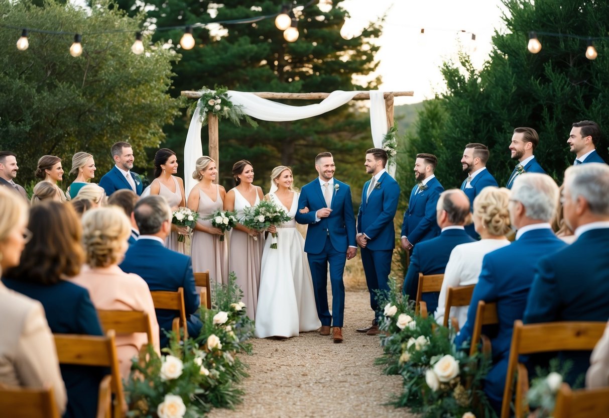 A cozy outdoor ceremony with a small, intimate guest list. A rustic setting with soft lighting and natural decor