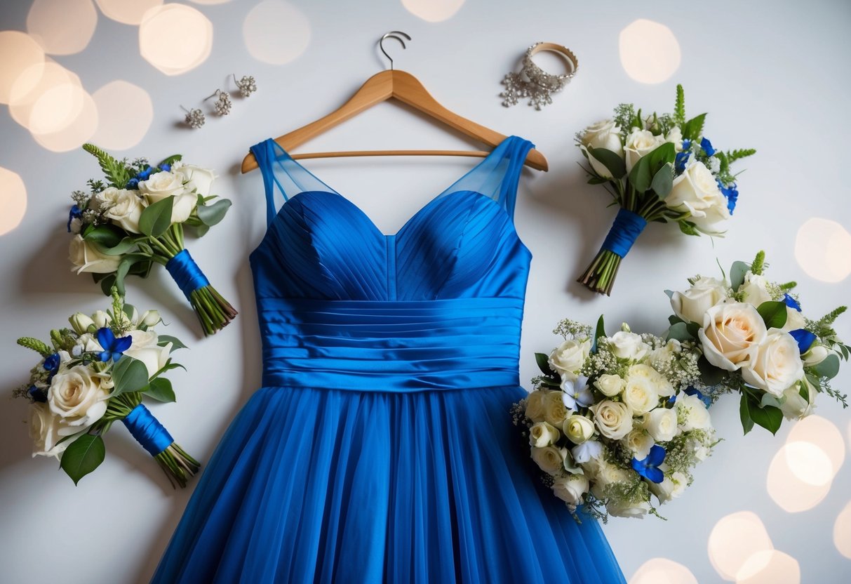 A blue dress hangs on a hanger, surrounded by floral bouquets and wedding accessories