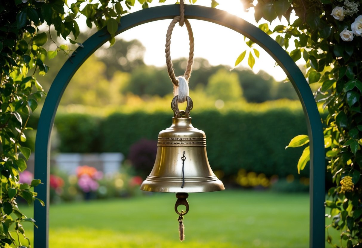 A wedding bell hanging from a decorated archway in a garden