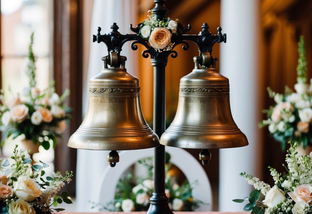 A historic wedding belling ceremony with two ornate bells and floral decorations