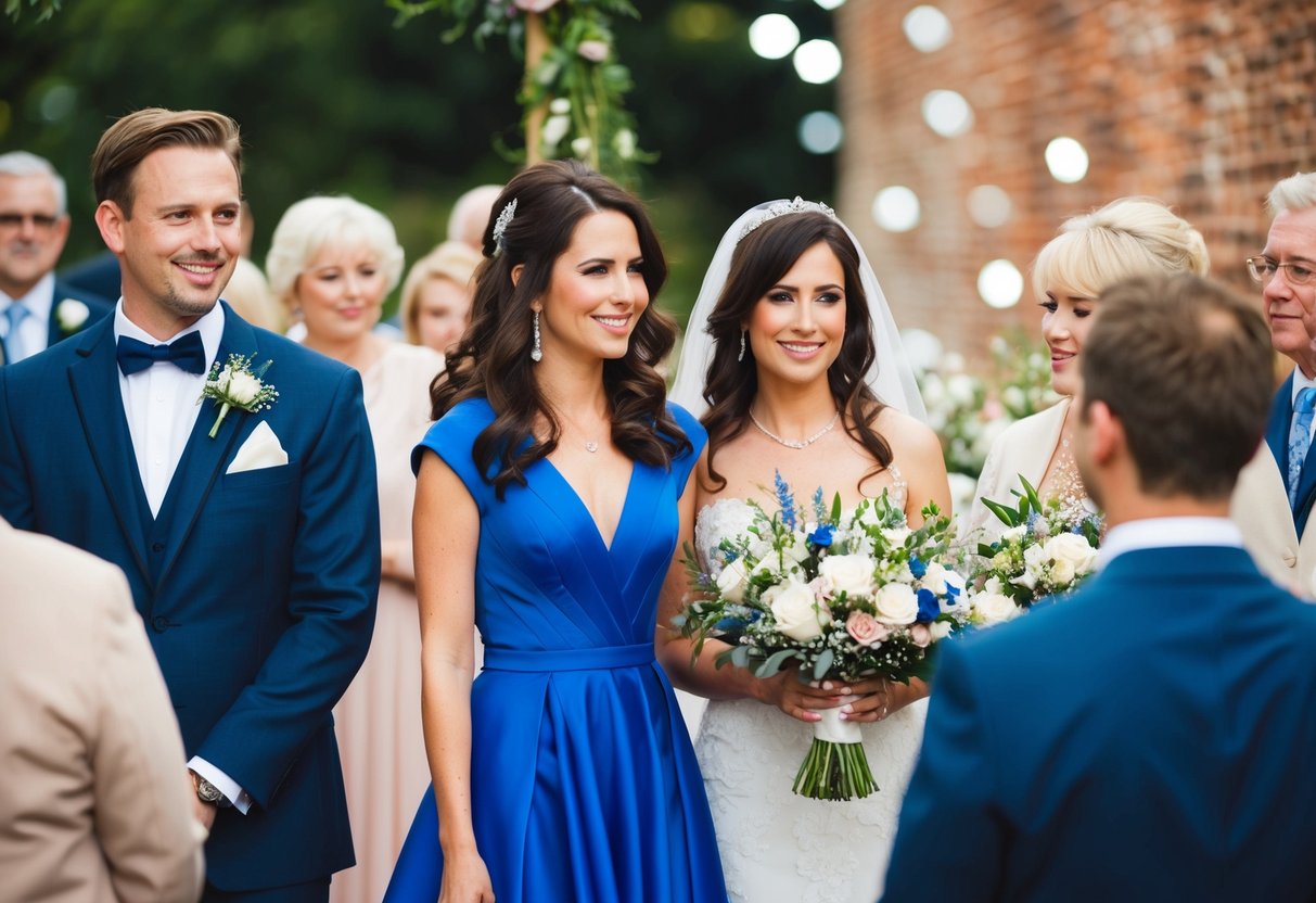 A woman in a blue dress stands next to a bride, surrounded by floral decorations and other wedding guests