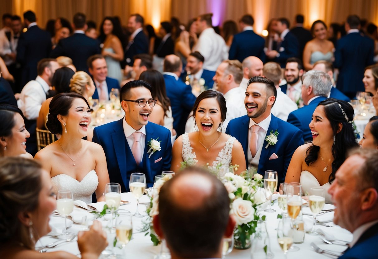 A crowded wedding reception, filled with chatter and laughter, as the sound of clinking glasses and joyful conversations fills the air