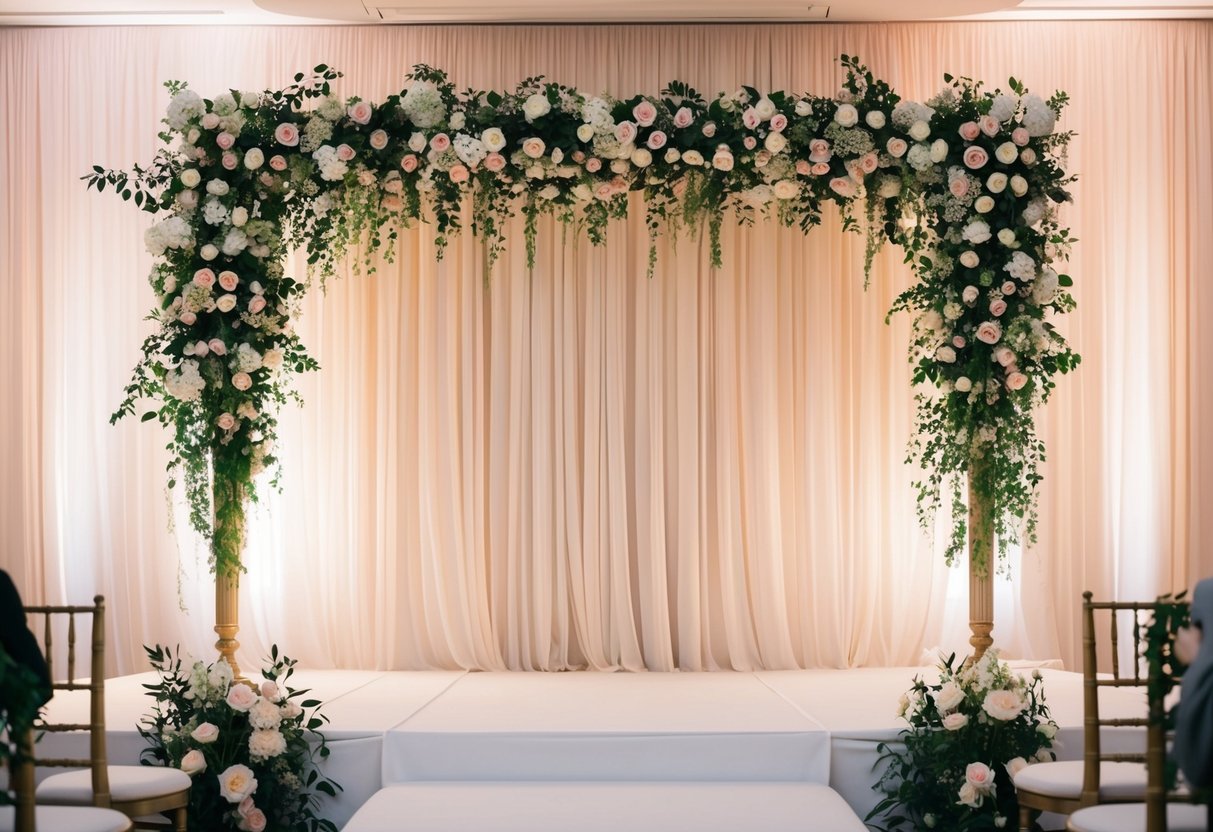 A beautiful floral backdrop with soft lighting and elegant drapery, creating a romantic atmosphere for a wedding ceremony