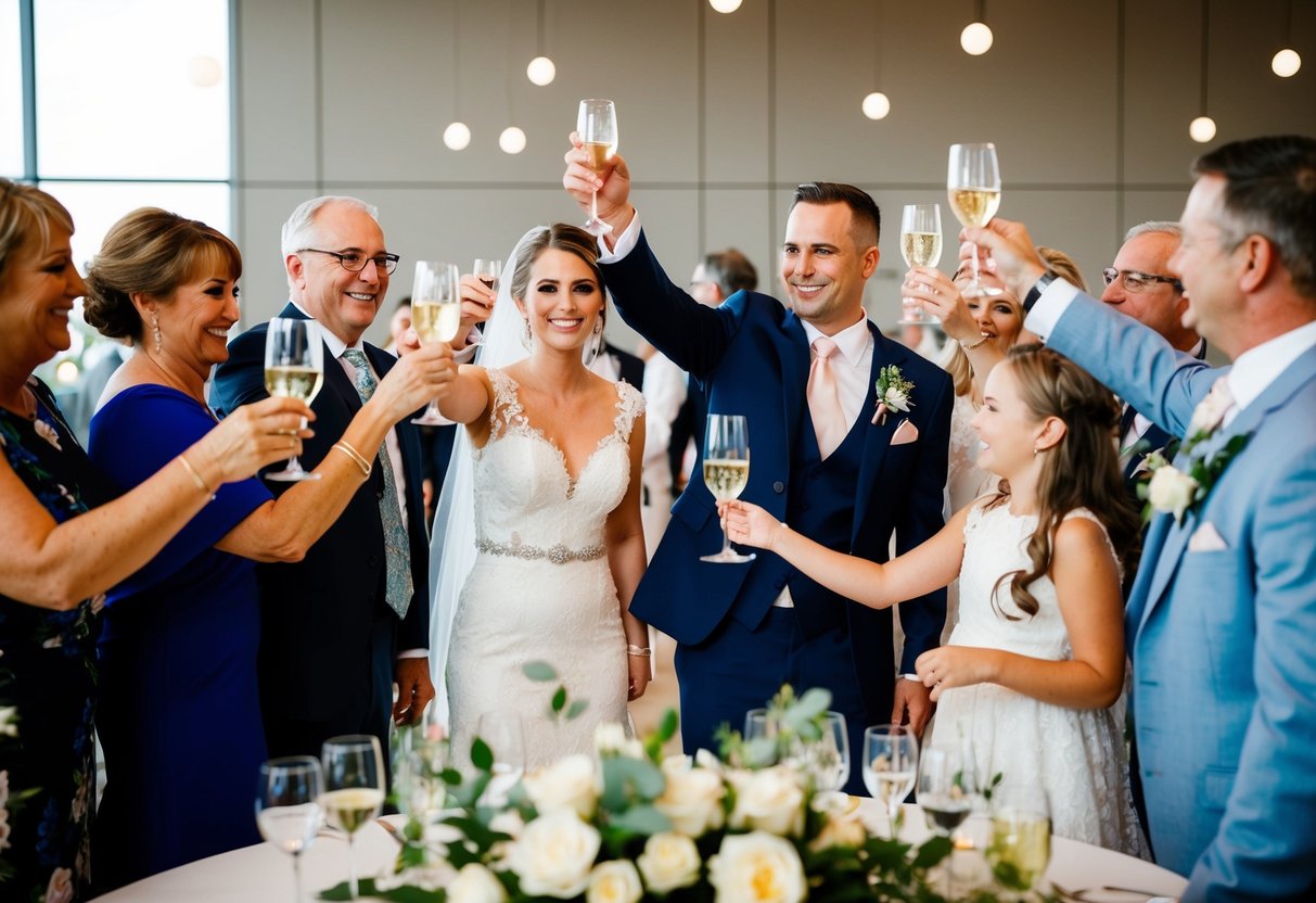 A bride and groom surrounded by family and friends, raising their glasses in a toast at a wedding reception