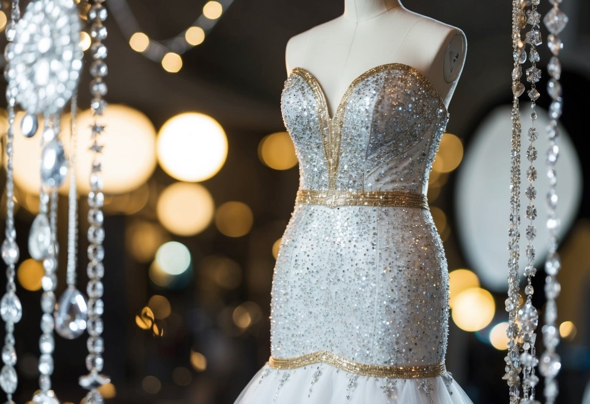 A sparkling silver and gold wedding gown hangs on a mannequin, surrounded by shimmering accessories and jewelry