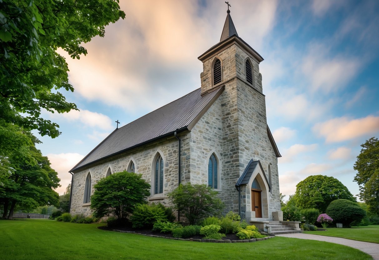 A quaint church with a stone facade and towering spire, surrounded by lush greenery and a peaceful atmosphere