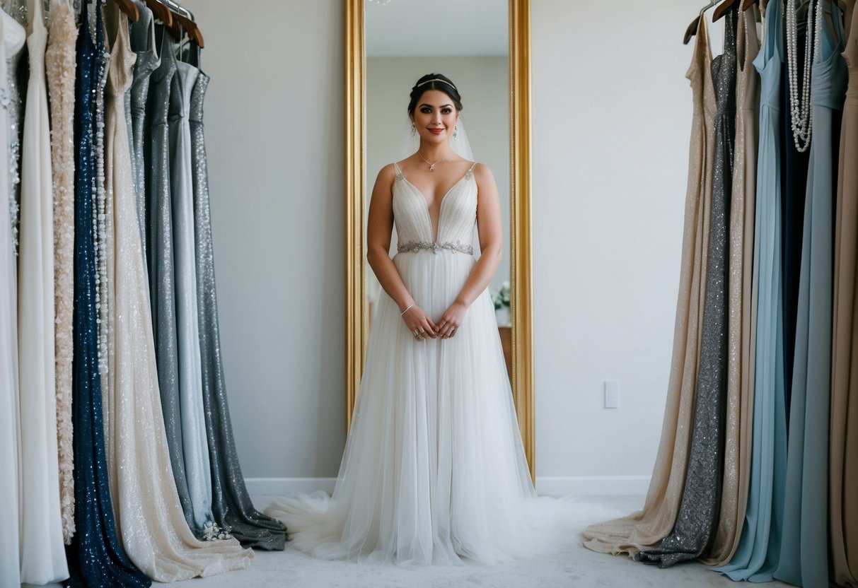 A bride standing in front of a full-length mirror, wearing a flowing gown with delicate silver or gold accents, surrounded by shimmering fabric swatches and sparkling jewelry options