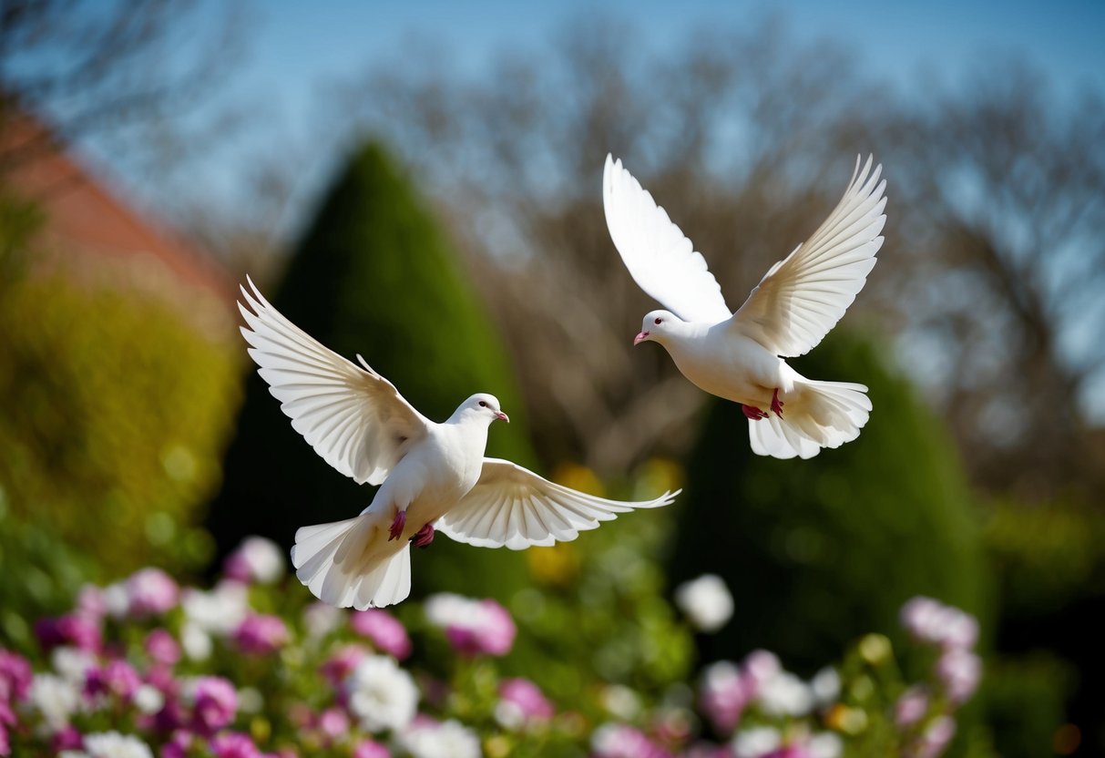 A pair of white doves flying over a blooming garden