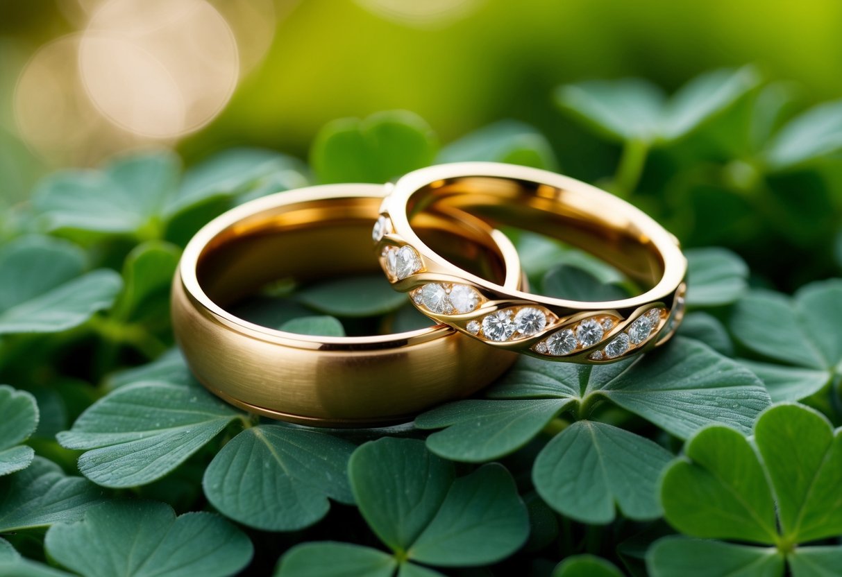 A pair of entwined gold wedding rings resting on a bed of fresh green clover