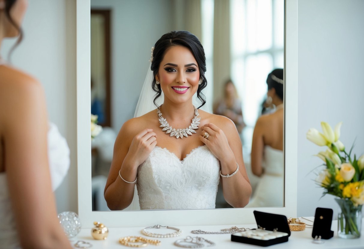 A bride standing in front of a mirror, trying on a silver and gold necklace, with various jewelry and accessories laid out on a table