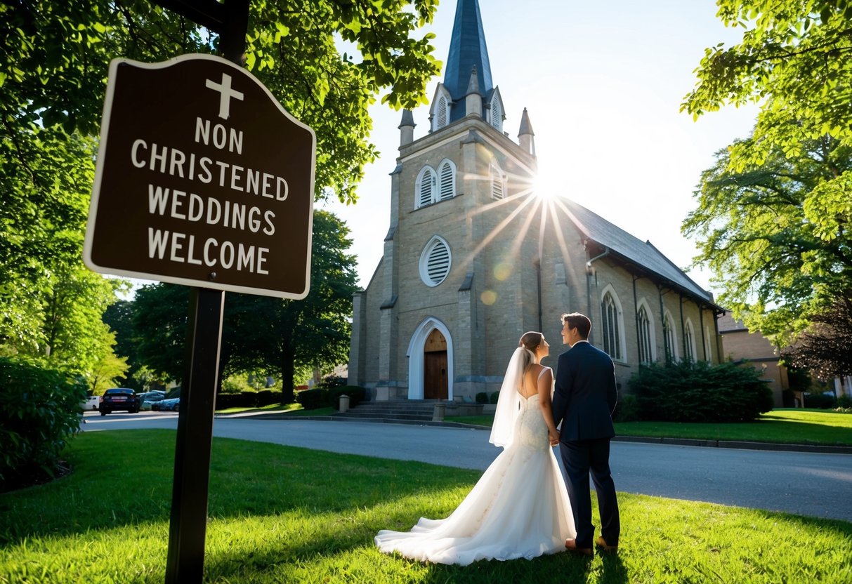 A couple stands outside a church, looking at a sign that reads "Non-Christened Weddings Welcome." The sun shines down on the historic building, surrounded by lush greenery
