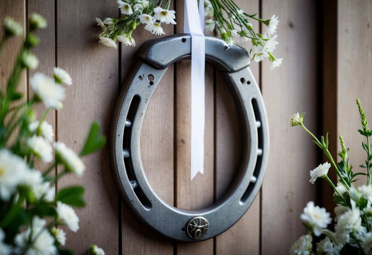 A horseshoe hanging on a rustic wooden door, surrounded by delicate white flowers and ribbons