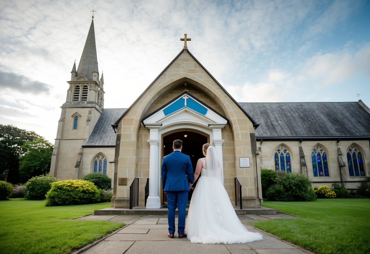 A non-christened couple stands outside a traditional church, looking at the entrance with a mix of hope and uncertainty. The church's steeple and stained glass windows are prominent in the background