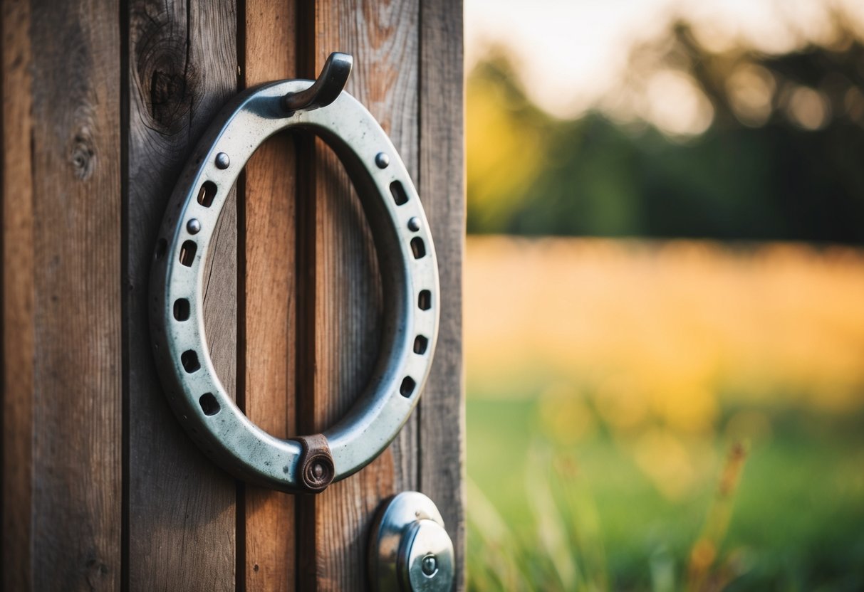 A horseshoe hanging on a rustic wooden door