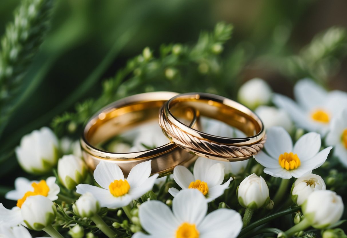 A pair of intertwined gold wedding rings resting on a bed of white flowers and greenery