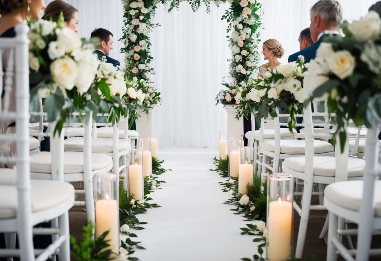 A white wedding aisle with floral decorations and seating