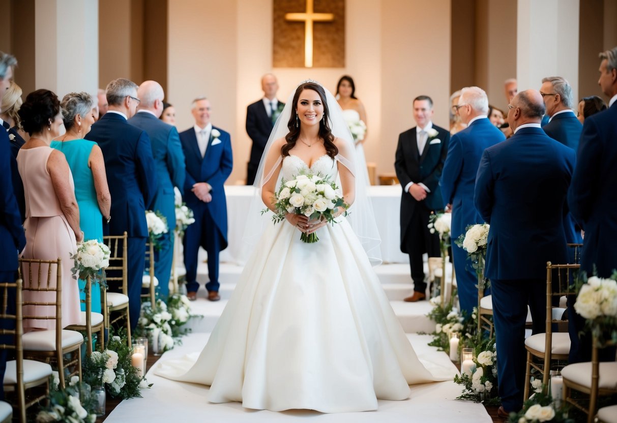 A bride in a white gown stands at the altar, surrounded by guests in formal attire