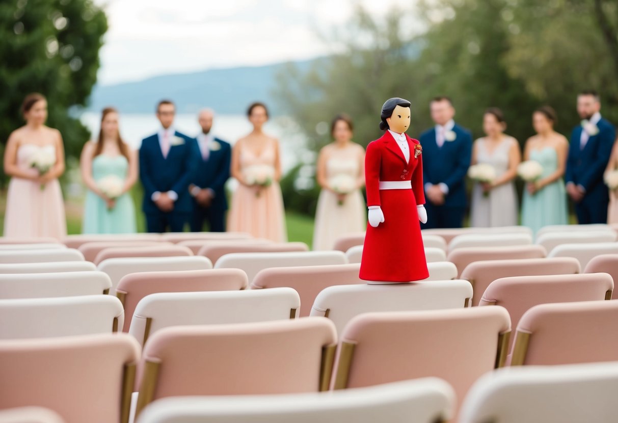 A figure in a red outfit stands out among a sea of pastel and neutral tones at a wedding ceremony